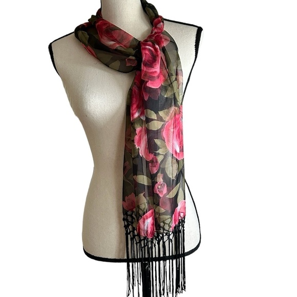 Oblong Scarf Rose Print Pink Black Green Floral Print Fringe Vintage 1990s - Picture 1 of 14